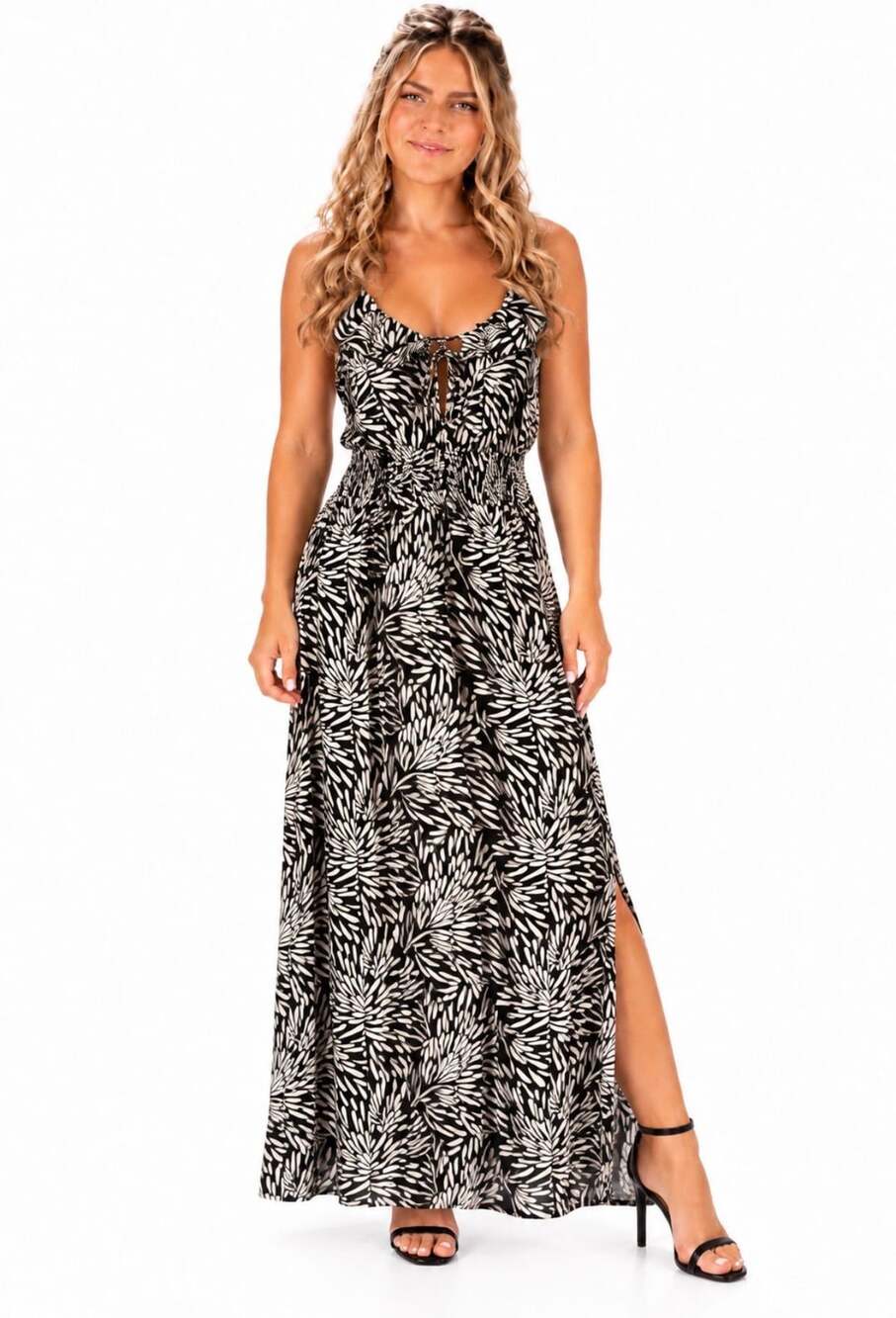 Banana Republic Maxi Dress Size 4 Black White Leaf Print Ruffle Cami